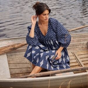 Talisman Navy Cotton Embroidered Gaia Dress V-neckline Empire Babydoll NWOT Sz S